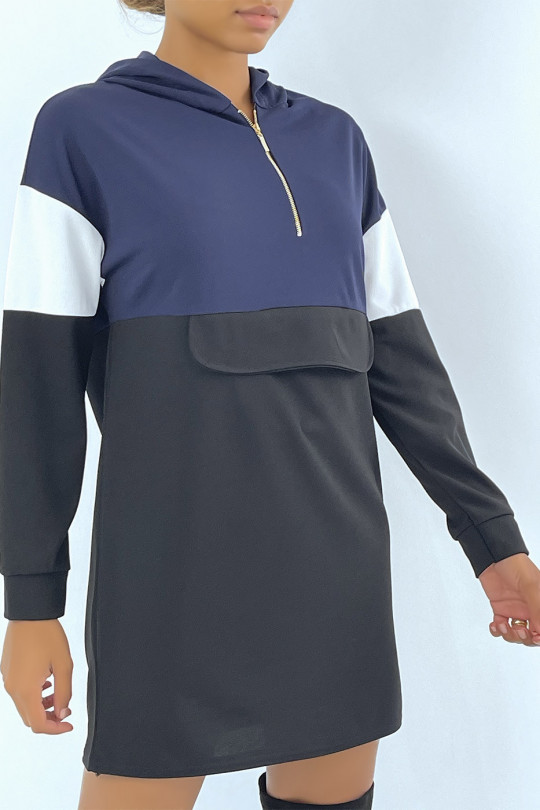Navy and black bi-color hooded sweatshirt dress with hood - 4