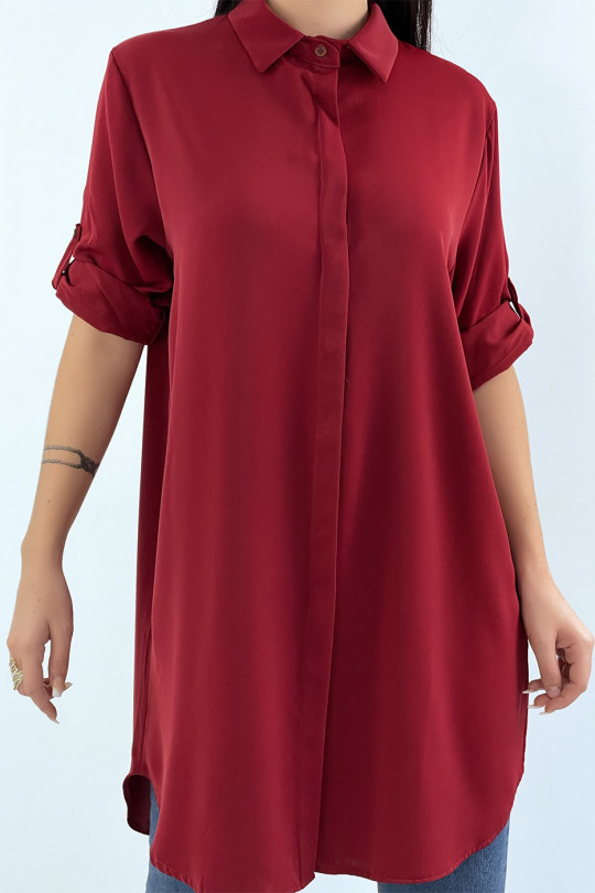 Longue chemise bordeaux over size avec manche revers - 1