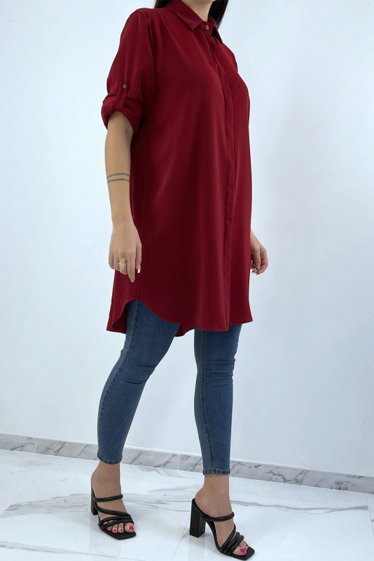 Longue chemise bordeaux over size avec manche revers - 2
