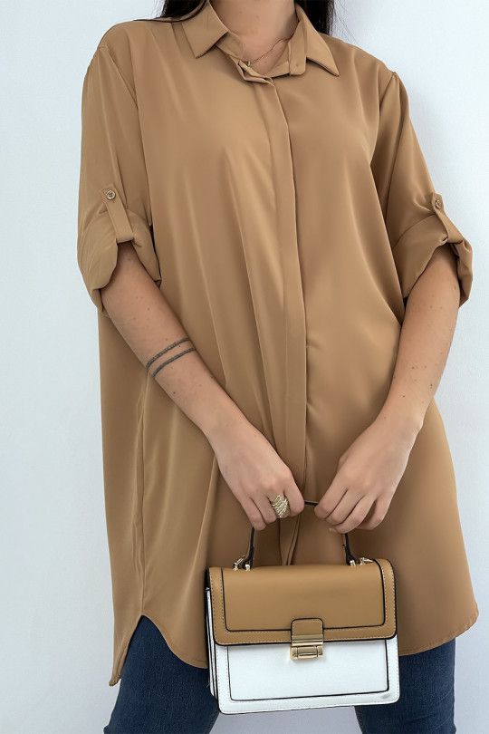 Longue chemise camel over size avec manche revers - 2