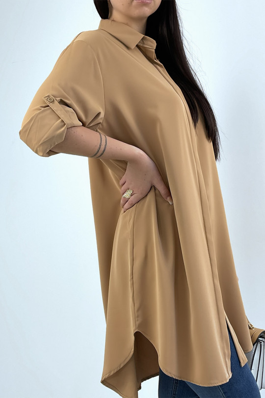 Longue chemise camel over size avec manche revers - 4