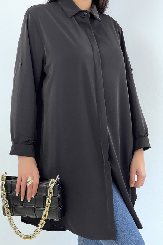 Longue chemise noire over size avec manche revers - 2