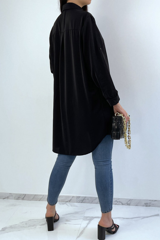 Longue chemise noire over size avec manche revers - 3