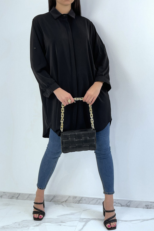 Longue chemise noire over size avec manche revers - 4