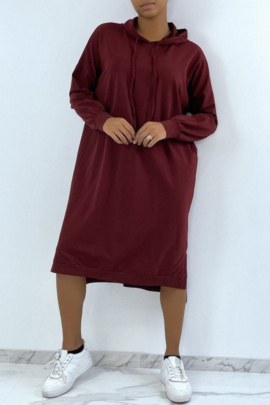 Long oversized sweatshirt dress in burgundy with hood - 2