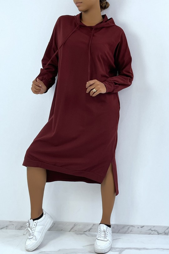 Long oversized sweatshirt dress in burgundy with hood - 4