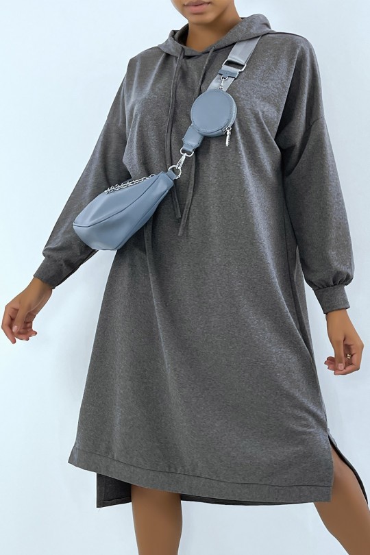 Long oversized sweatshirt dress in anthracite with hood - 1