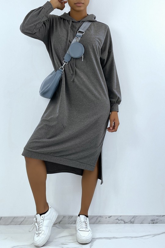 Long oversized sweatshirt dress in anthracite with hood - 3