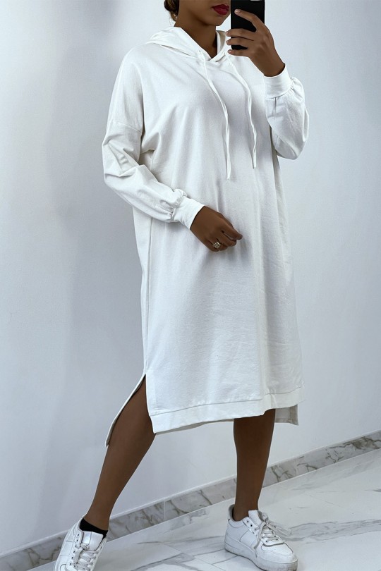 Lange oversized sweatshirtjurk in wit met capuchon - 1