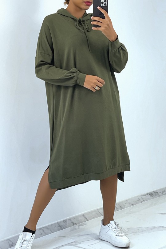 Long oversized sweatshirt dress in khaki with hood - 1