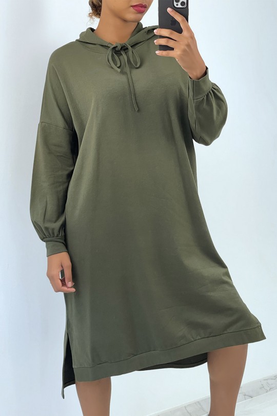 Long oversized sweatshirt dress in khaki with hood - 2