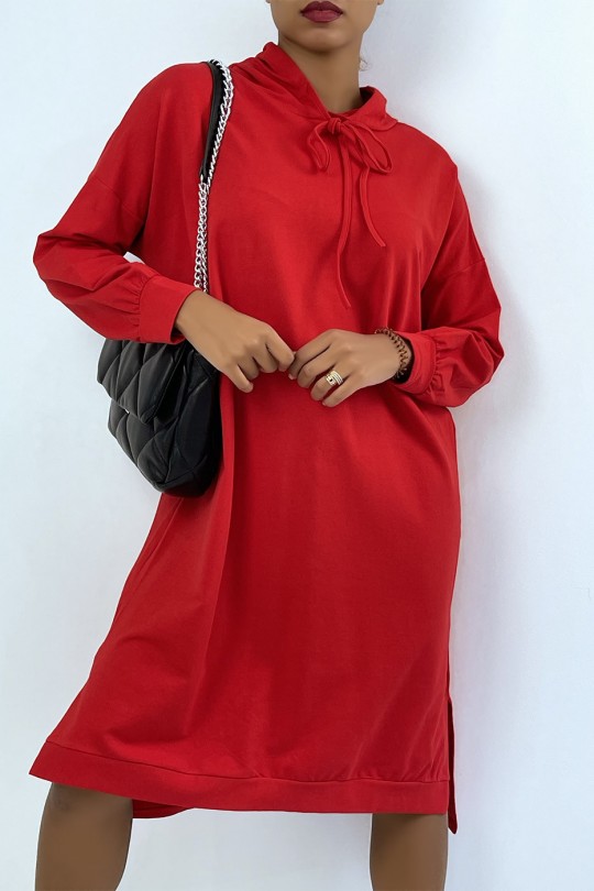 Long oversized sweatshirt dress in red with hood - 4