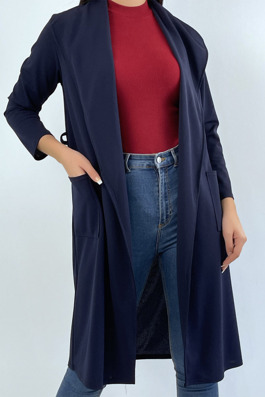 Long navy blazer jacket with pockets and belt - 1