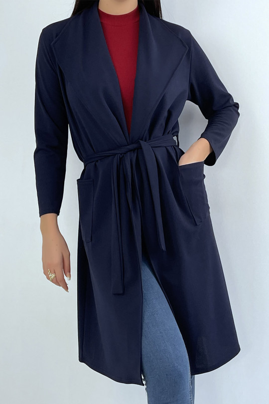 Long navy blazer jacket with pockets and belt - 2