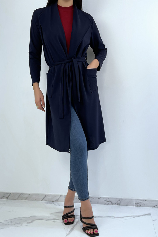 Long navy blazer jacket with pockets and belt - 3