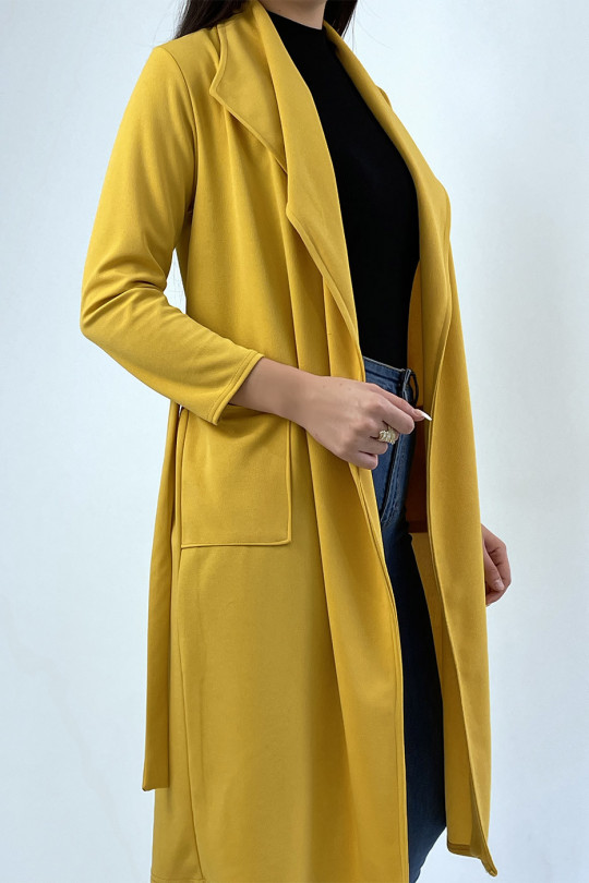 Long mustard blazer jacket with pockets and belt - 4