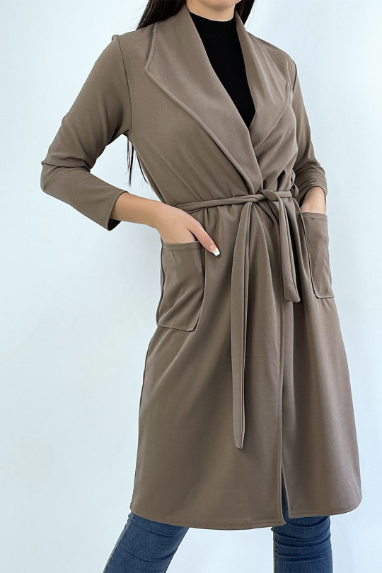 Long taupe blazer jacket with pockets and belt - 2