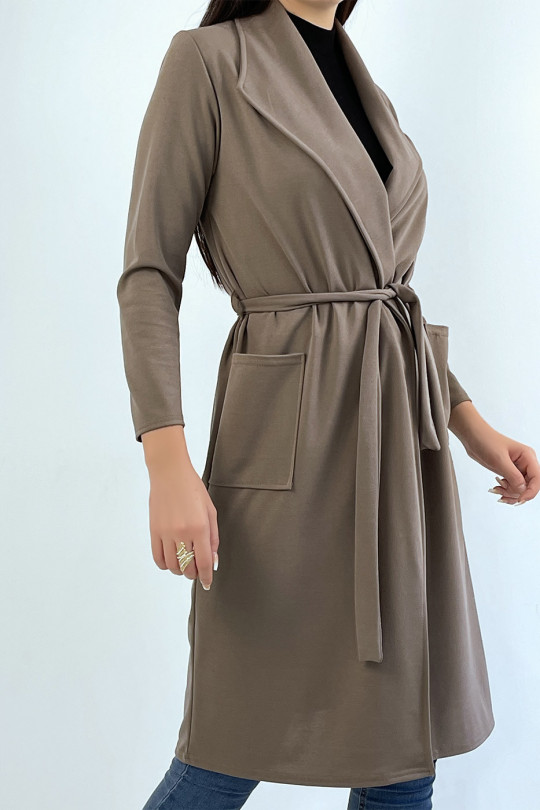 Long taupe blazer jacket with pockets and belt - 3