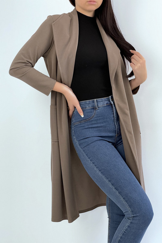 Long taupe blazer jacket with pockets and belt - 5