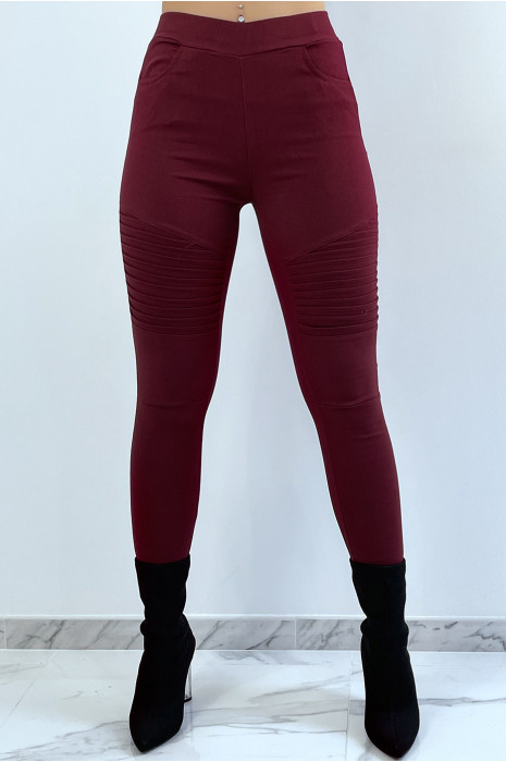 Pantalon slim strech bordeaux style motard avec poches - 1