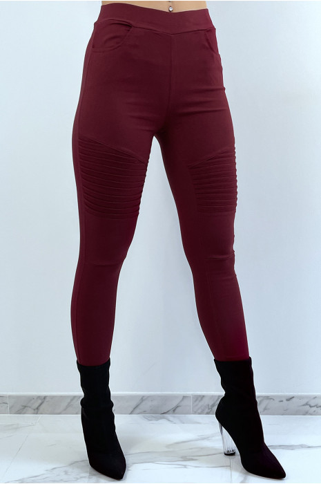 Pantalon slim strech bordeaux style motard avec poches - 2