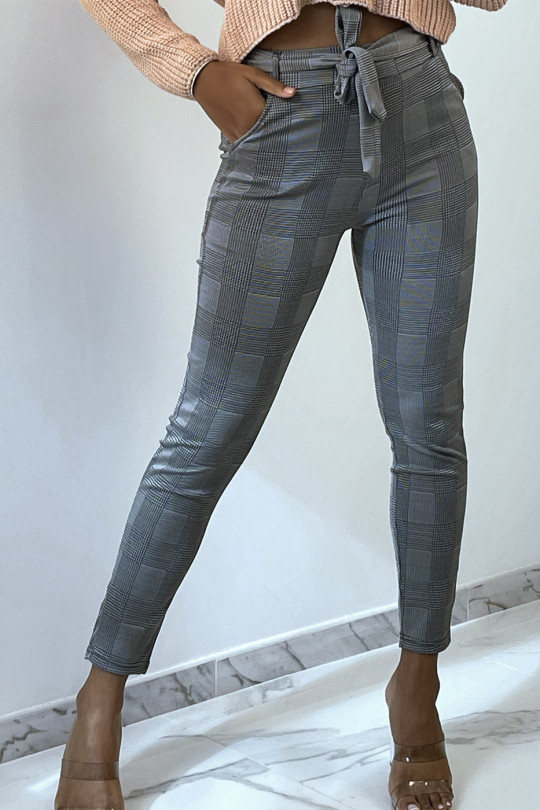 Pantalon slim gris avec motif pied de poule poches et ceinture - 1