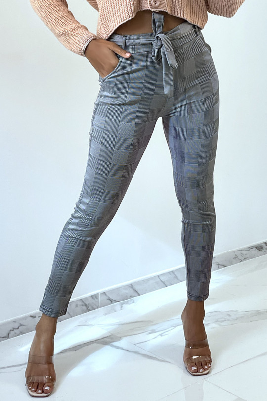 Pantalon slim gris avec motif pied de poule poches et ceinture - 2