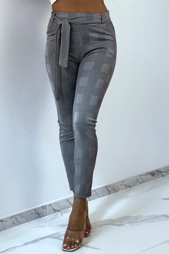Pantalon slim gris avec motif pied de poule poches et ceinture - 4