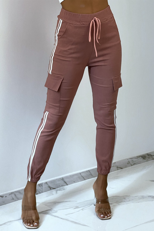 Pantalon jogging stech en treillis rose avec bandes et poches - 3