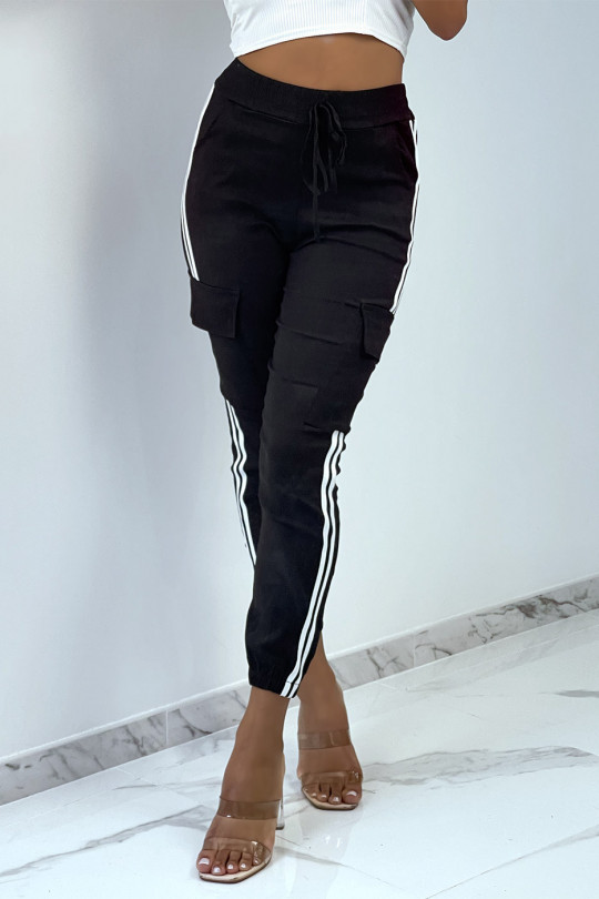 Pantalon jogging strech en treillis noir avec bandes et poches - 6