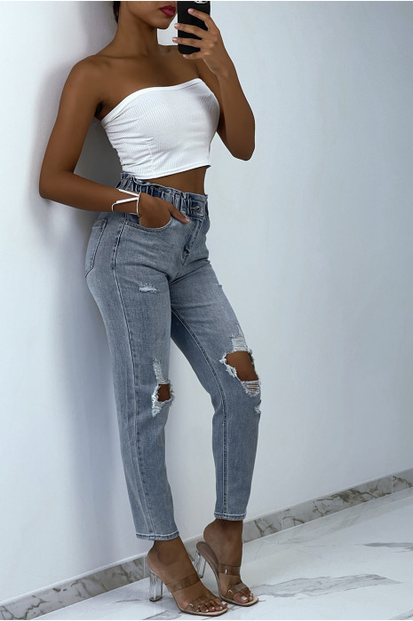 Pantalon jeans boy friend déchiré au genoux avec ceinture et poches - 3