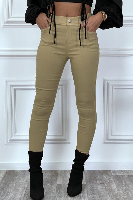 Camel slim pants with pockets and buttons with faux diamond - 5