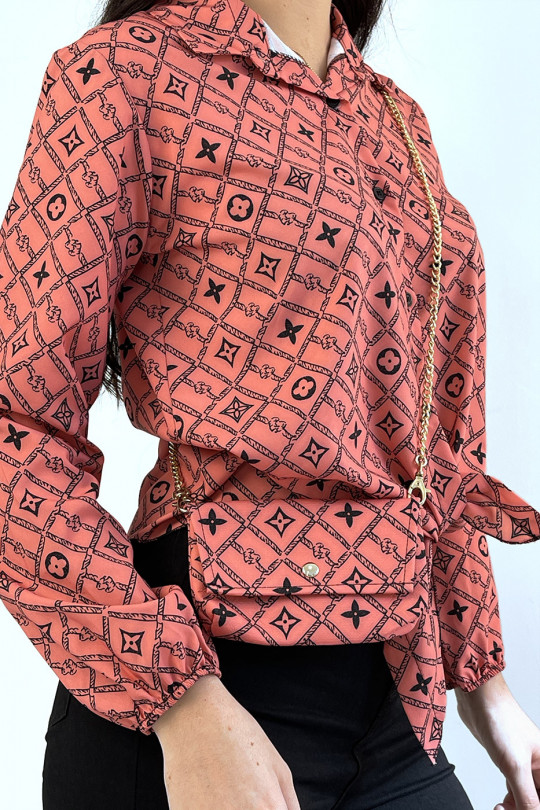 Jolie chemise corail de luxe avec noeud et sac à main assorti - 2