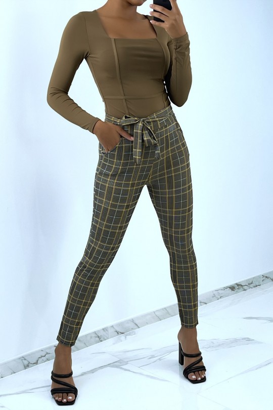 Mosterdgeruite skinny broek met hoge taille en strik in de taille - 2