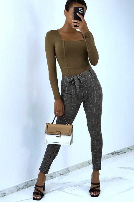 Camel check high-waisted tight-fitting pants with bow at the waist - 2