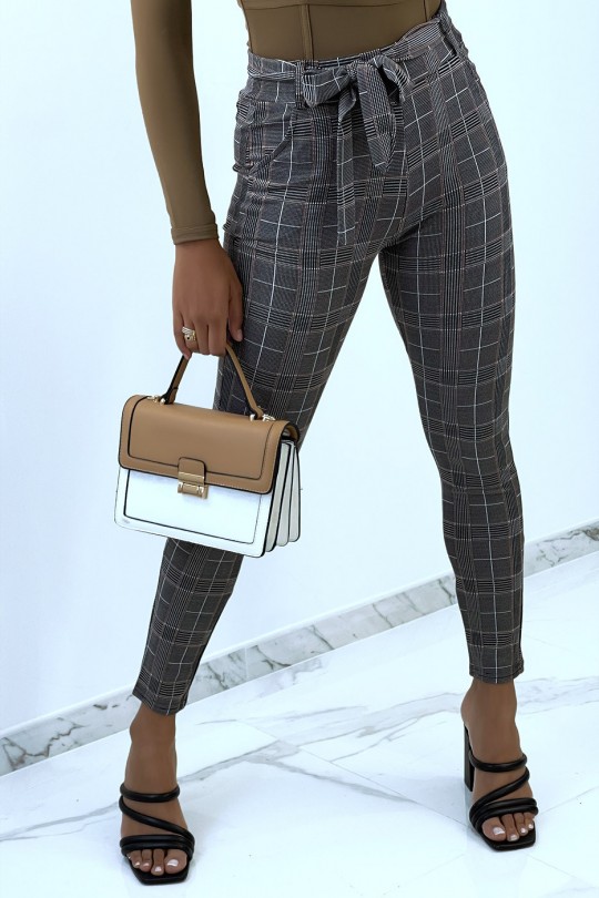 Camel check high-waisted tight-fitting pants with bow at the waist - 1