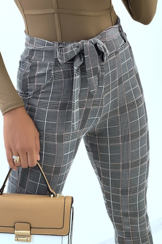 Camel check high-waisted tight-fitting pants with bow at the waist - 4