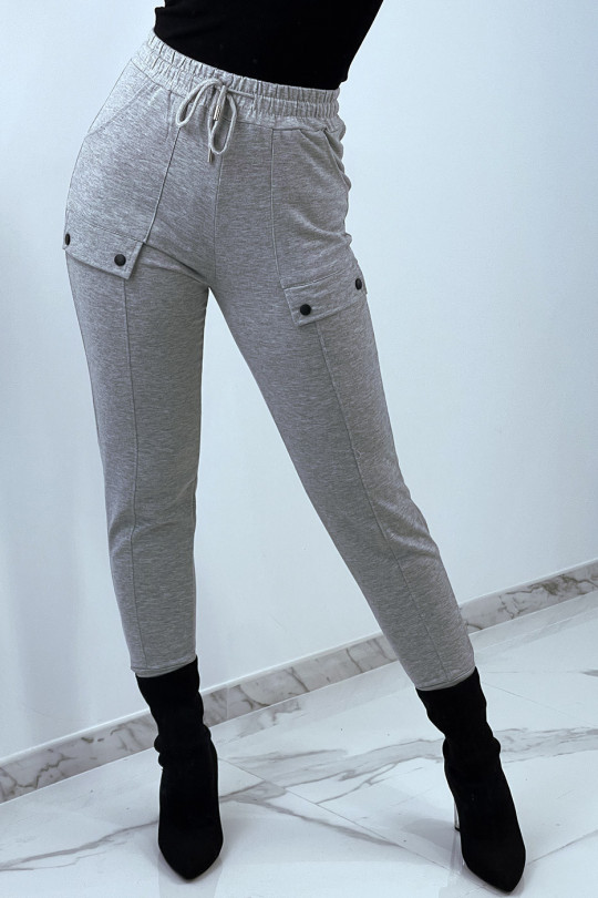 Pantalon jogging gris taille haute à poches - 1