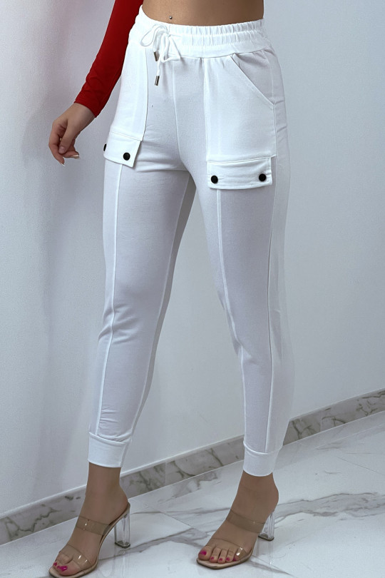 Pantalon jogging blanc taille haute à poches - 3