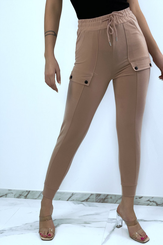 Pink high waist jogging pants with pockets - 1