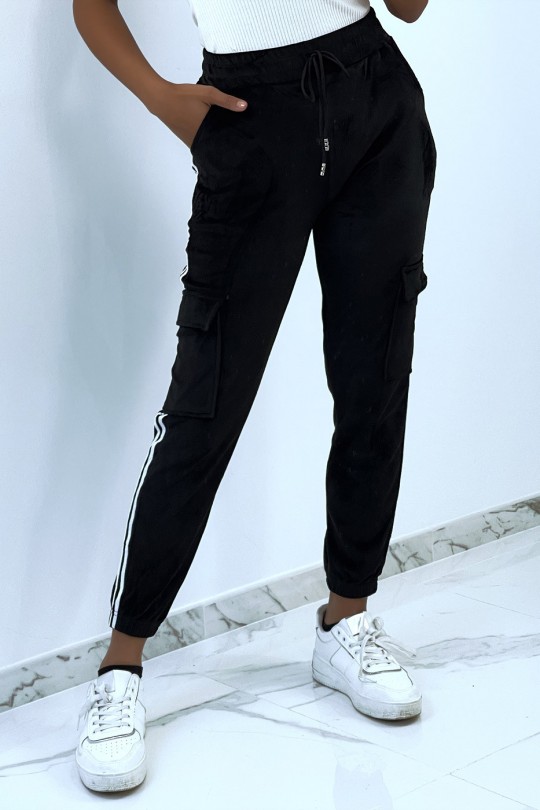 Black peach skin jogging bottoms with bands - 2