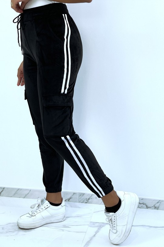 Black peach skin jogging bottoms with bands - 4