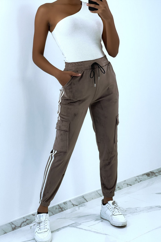 Taupe peach skin jogging bottoms with bands - 2