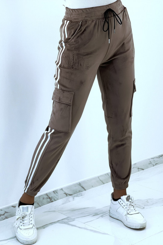 Taupe peach skin jogging bottoms with bands - 1