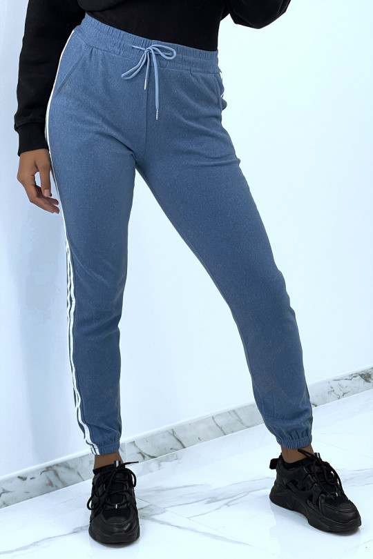 Blue jogging bottoms with white stripes retro style - 3