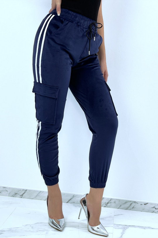 Navy peach skin jogging bottoms with bands - 1