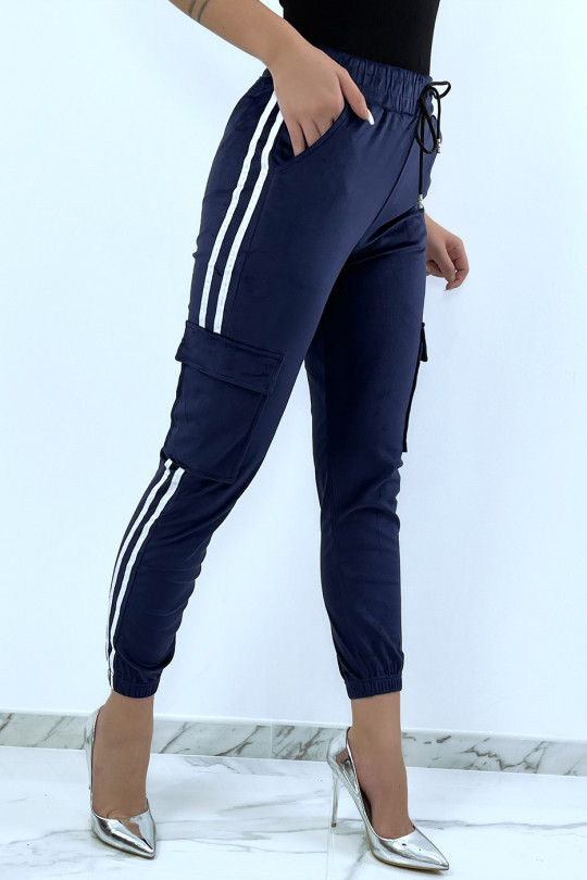 Navy peach skin jogging bottoms with bands - 2