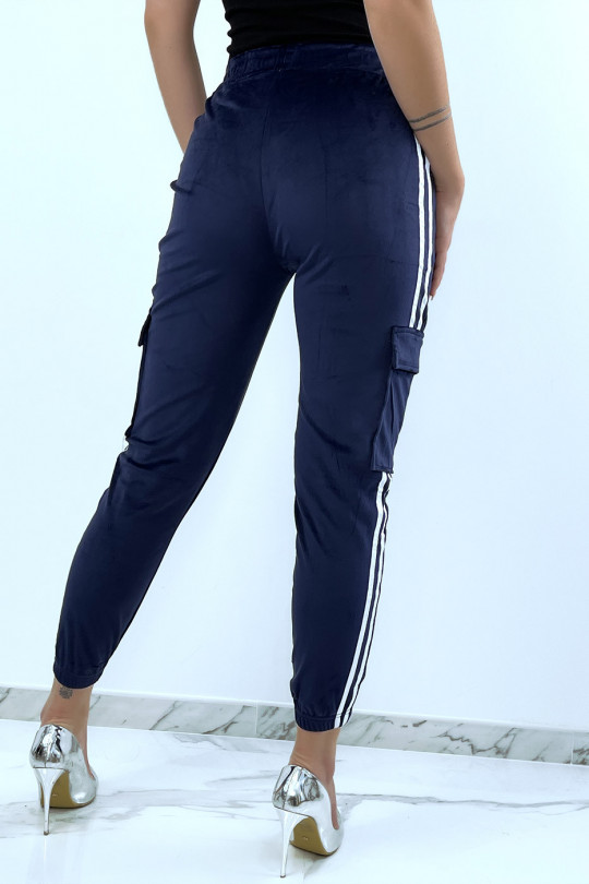 Navy peach skin jogging bottoms with bands - 5