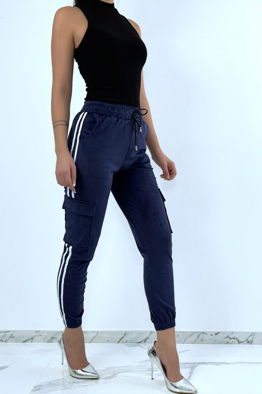 Navy peach skin jogging bottoms with bands - 4