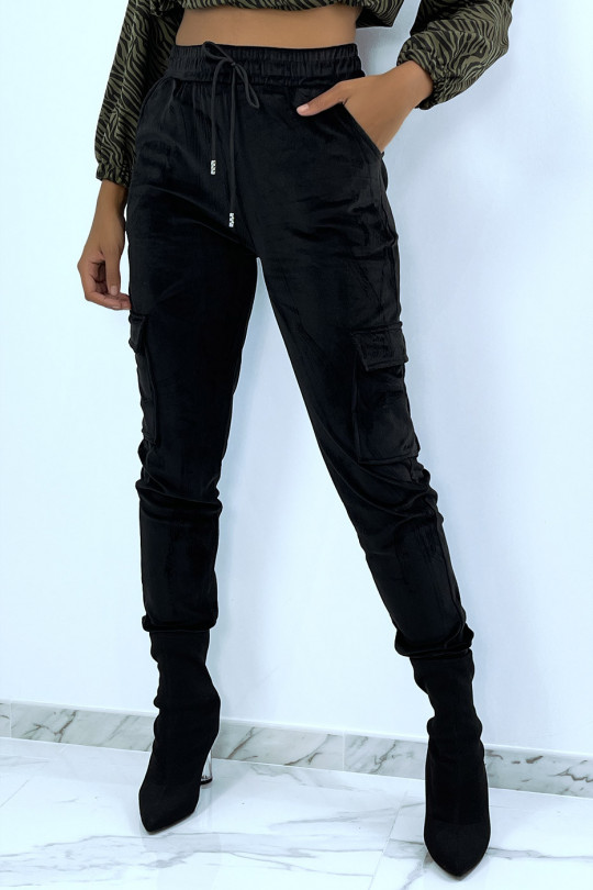 Black velvet-style joggers with side pockets - 1